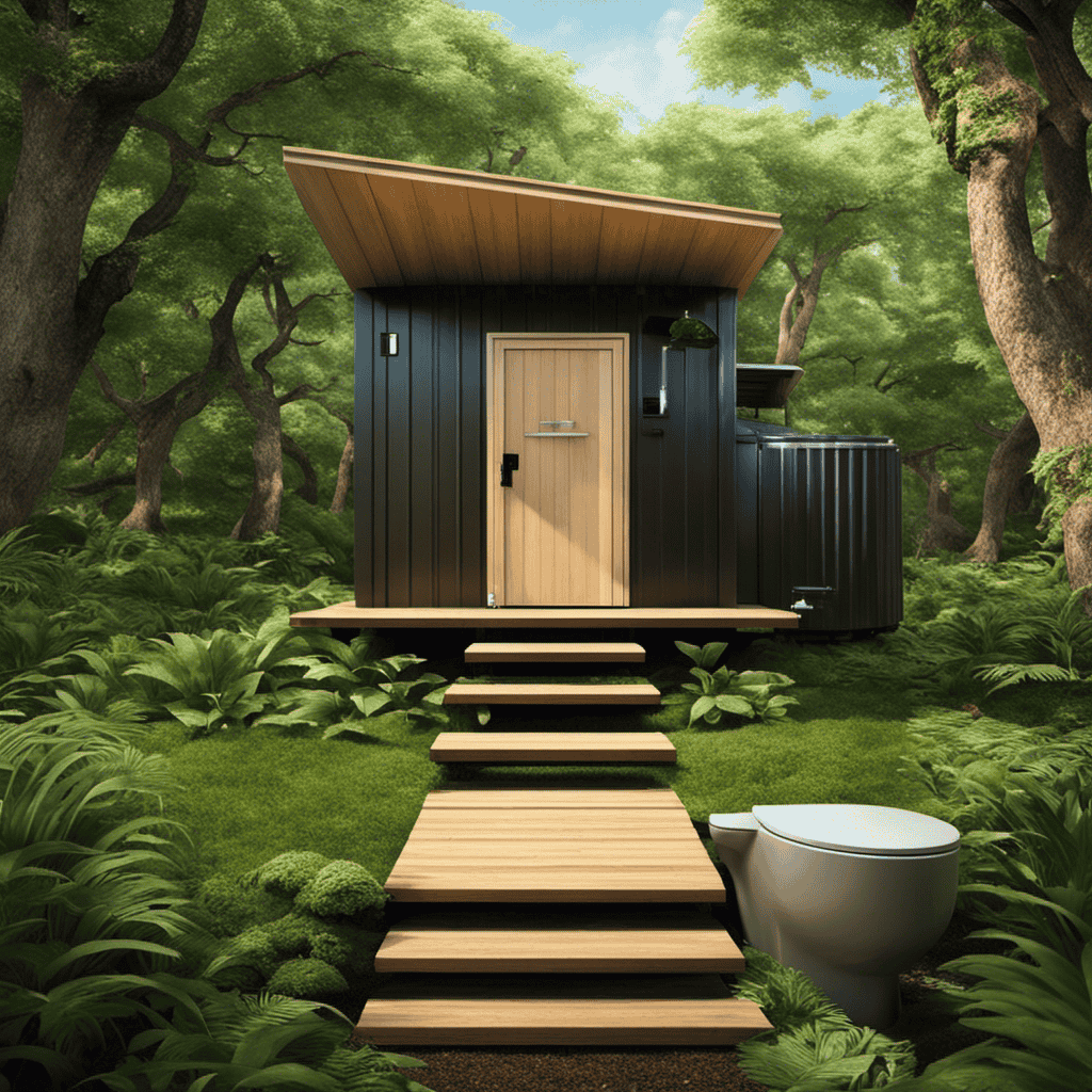 An image depicting a serene outdoor scene, with a composting toilet at its center