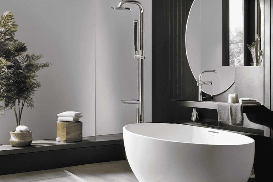 An image showcasing a sleek, modern bathroom with a water-efficient toilet as the centerpiece