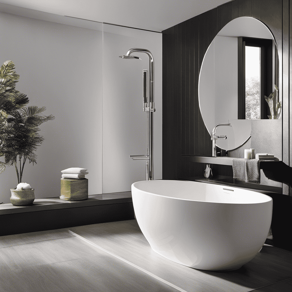 An image showcasing a sleek, modern bathroom with a water-efficient toilet as the centerpiece