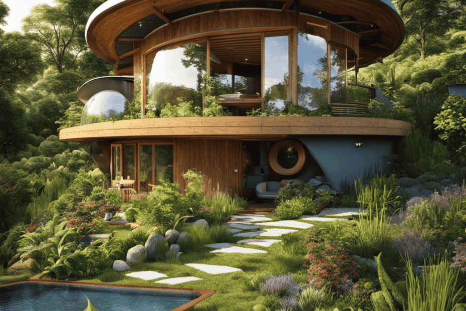 An image showcasing a lush permaculture home, surrounded by thriving edible gardens, rainwater harvesting systems, solar panels, and a composting toilet system, highlighting the top 10 essentials for building sustainable and eco-friendly homes