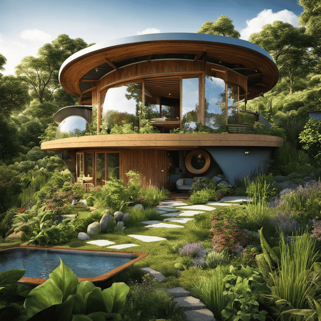 An image showcasing a lush permaculture home, surrounded by thriving edible gardens, rainwater harvesting systems, solar panels, and a composting toilet system, highlighting the top 10 essentials for building sustainable and eco-friendly homes