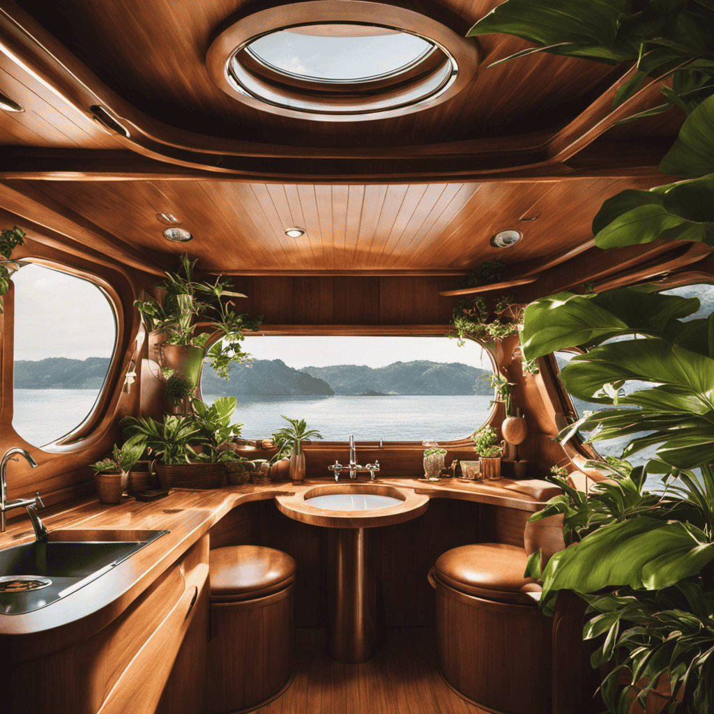 An image showcasing a cozy boat interior with a spacious bathroom fitted with a stylish composting toilet, surrounded by lush houseplants, natural light streaming through portholes, and a serene view of the open water