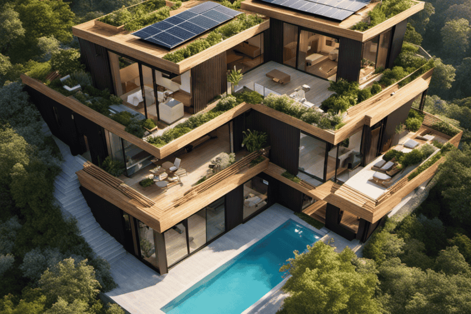 An image showcasing a breathtaking aerial view of ten stunning eco-friendly homes, each adorned with beautiful rooftop gardens and solar panels, while featuring composting toilets, a symbol of conscious and sustainable living