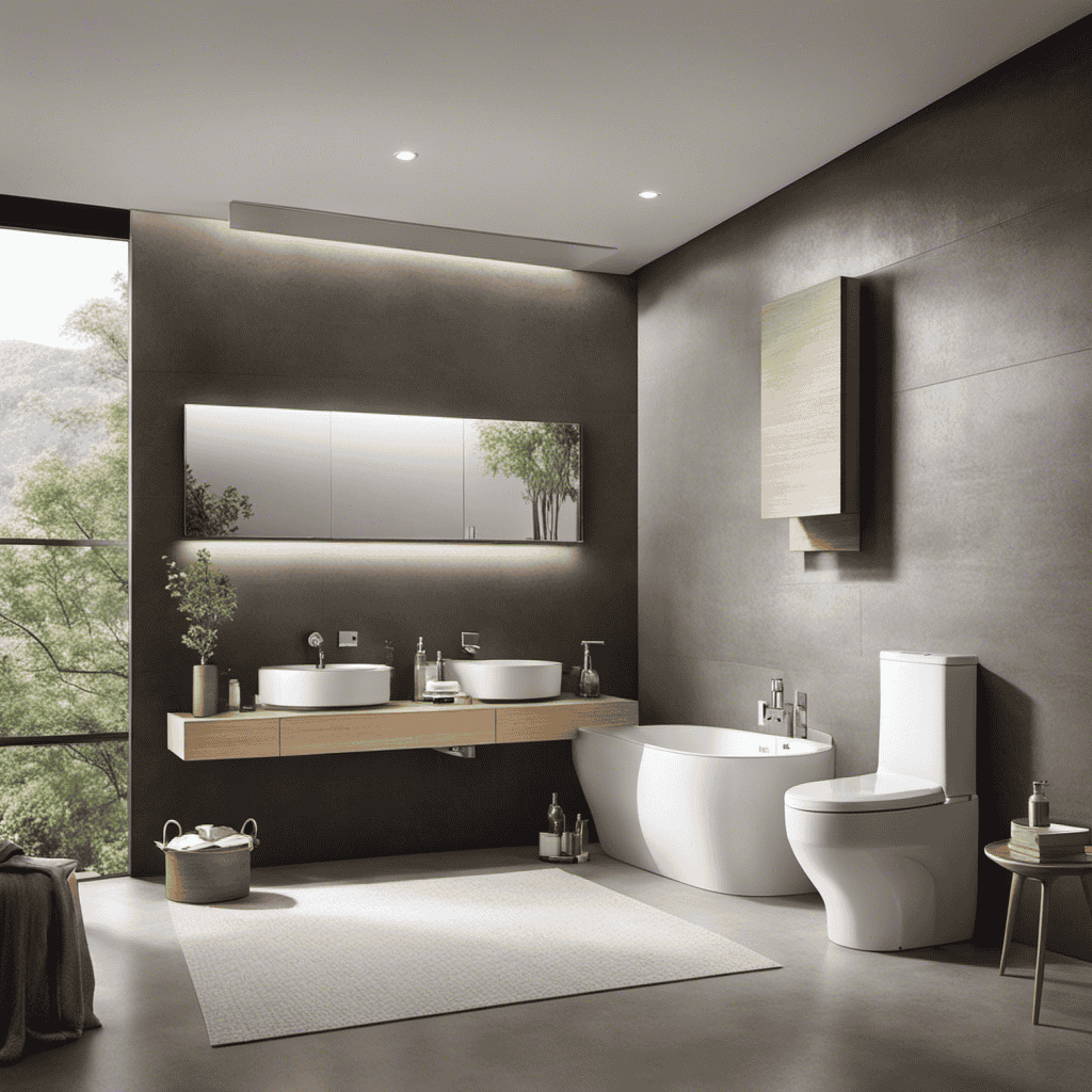 An image showcasing a serene bathroom scene with a sleek, modern water-efficient toilet as the focal point