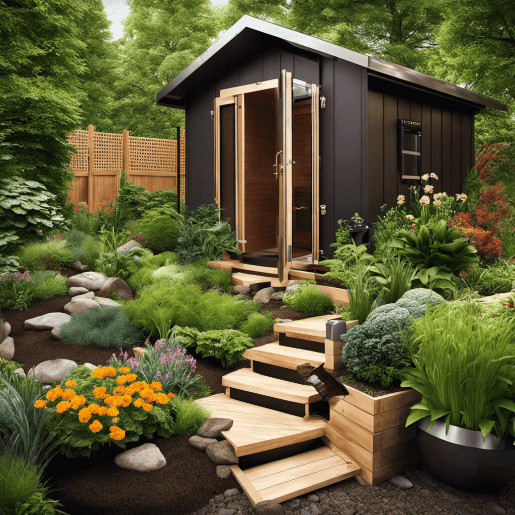An image showcasing an inviting backyard garden with a composting toilet integrated discreetly