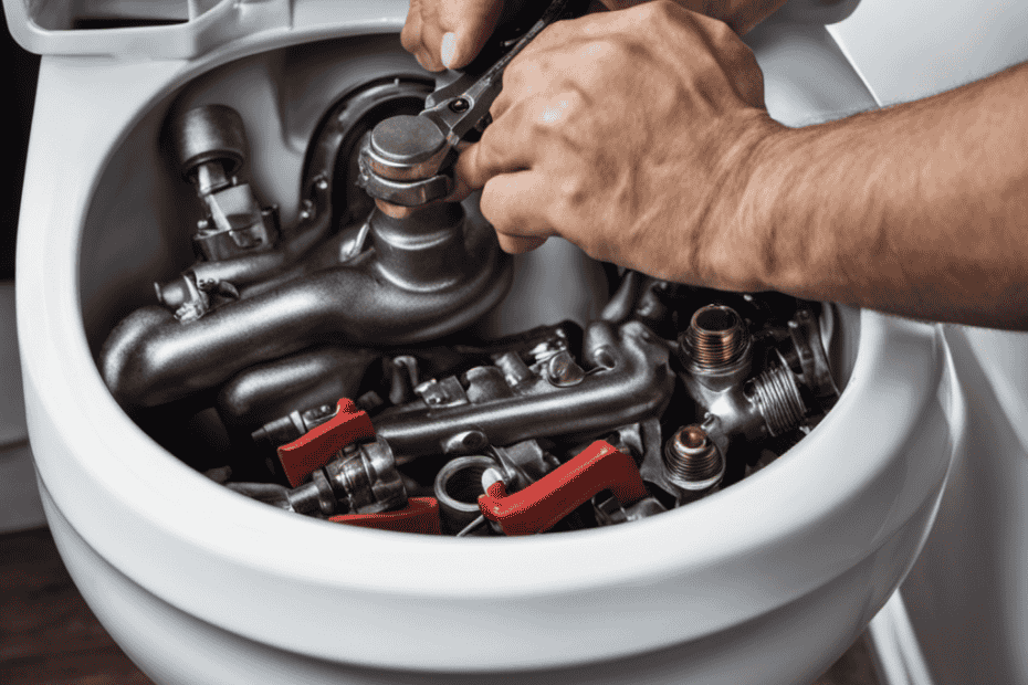 An image showcasing a close-up shot of a person's hands gripping a wrench, as they skillfully disassemble the inner workings of a toilet tank, portraying the process of fixing a running toilet