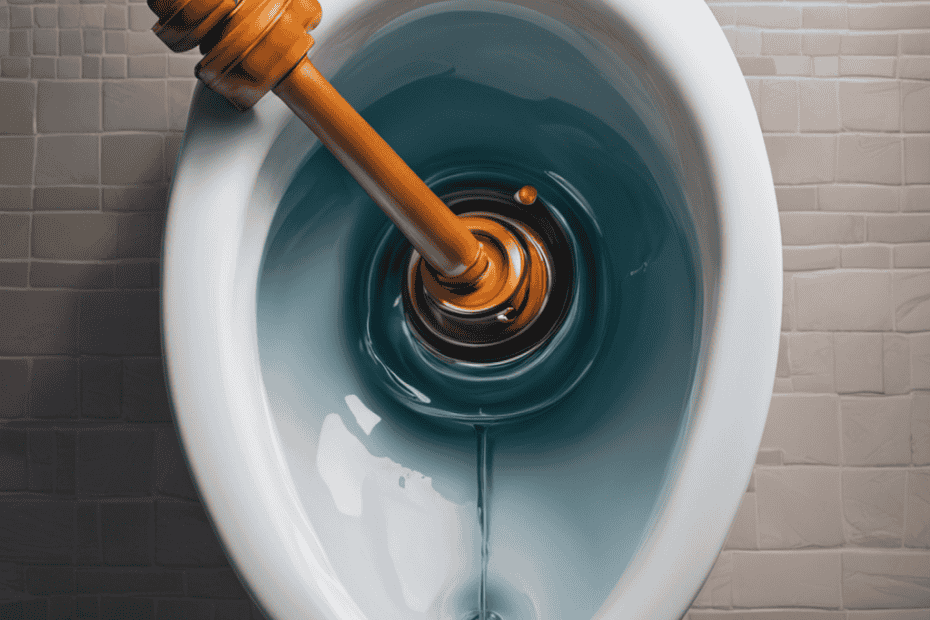 An image showcasing a pair of gloved hands gripping a plunger, submerged in a toilet bowl filled with water