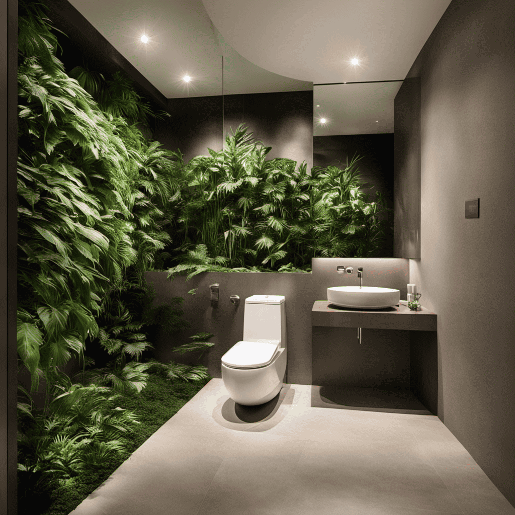 An image showcasing a modern bathroom with a sleek, low-flow toilet as the focal point