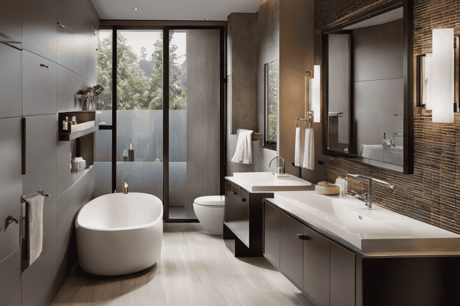 An image showcasing a modern bathroom with a sleek, water-efficient toilet as the centerpiece