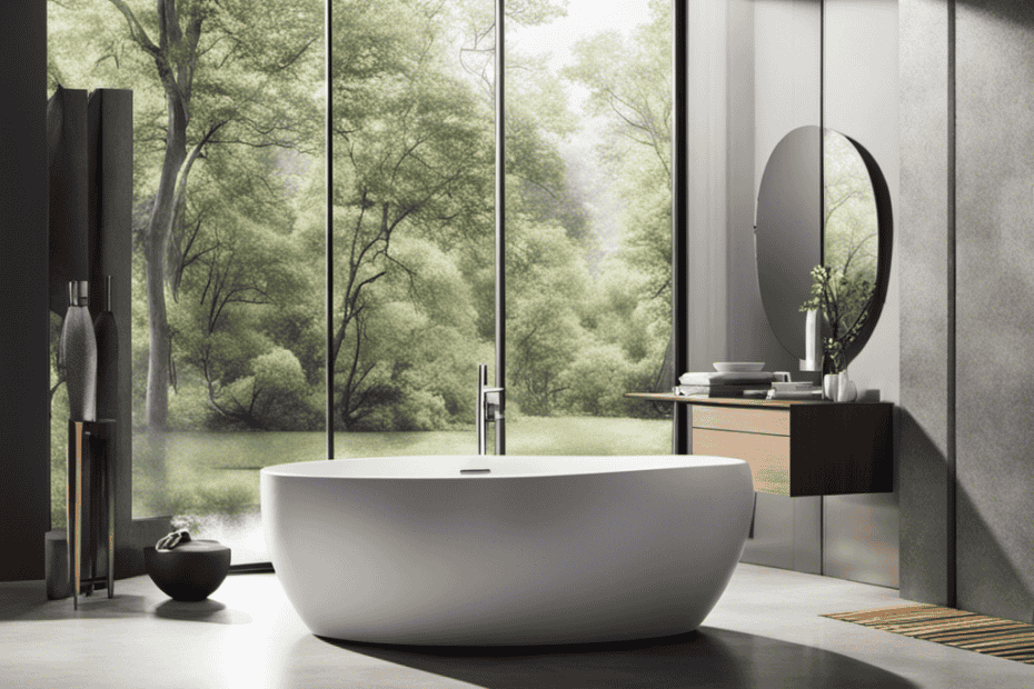 An image showcasing a gleaming, modern bathroom with a sleek, water-efficient toilet at its center