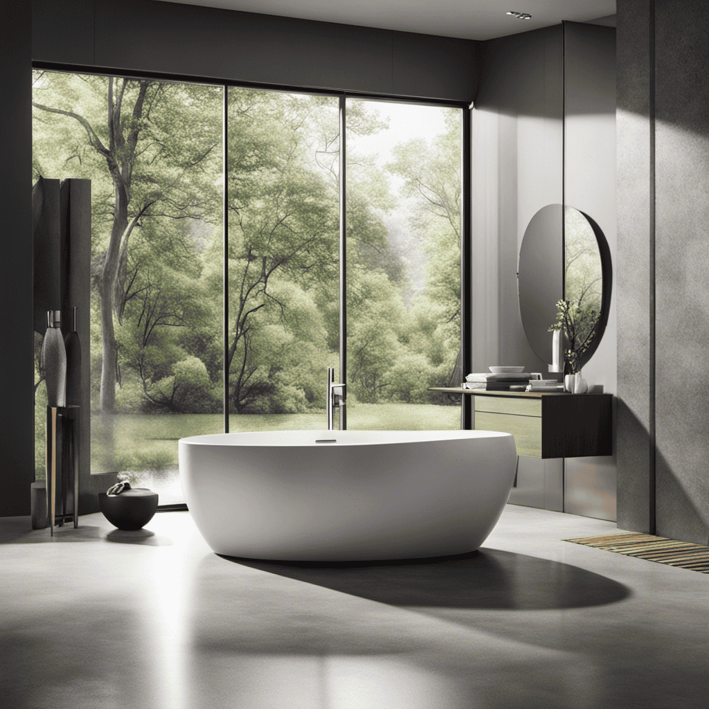 An image showcasing a gleaming, modern bathroom with a sleek, water-efficient toilet at its center