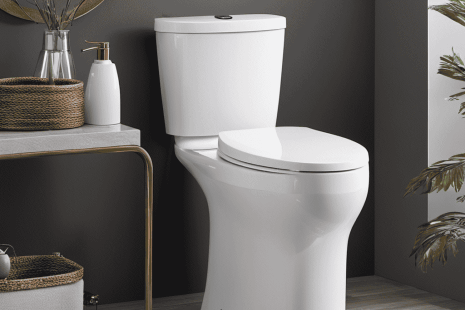 An image showcasing a modern, sleek bathroom with a high-efficiency toilet as the focal point