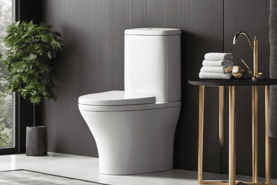 An image of a modern bathroom with a sleek, dual-flush toilet featuring a small water droplet icon on one button and a full water droplet icon on the other, highlighting the water-saving benefits
