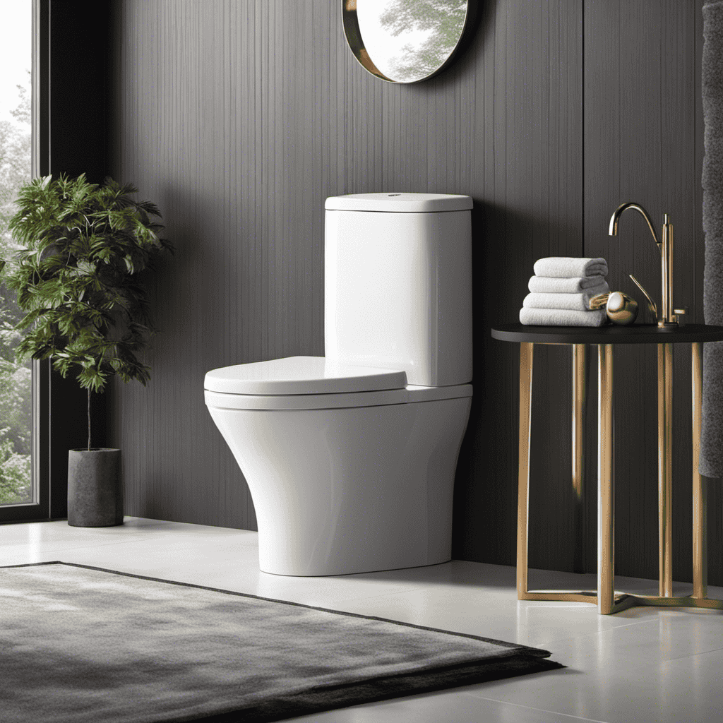 An image of a modern bathroom with a sleek, dual-flush toilet featuring a small water droplet icon on one button and a full water droplet icon on the other, highlighting the water-saving benefits