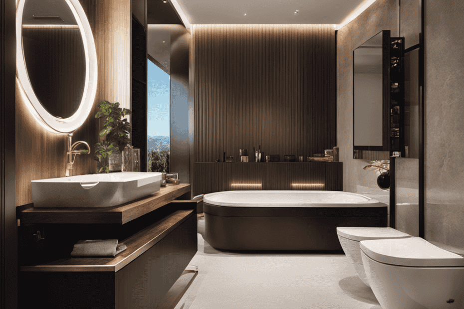 An image showcasing a luxurious bathroom with elegantly designed high-end toilets