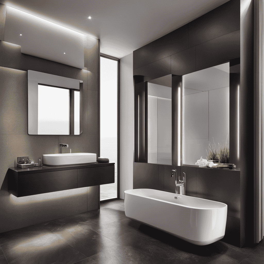 An image showcasing a modern bathroom with a dual-flush toilet, sleek design, and a prominent "water-efficient" label