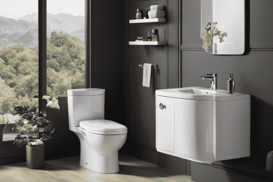 An image showcasing two bathroom setups side by side: one with a traditional toilet and another with a sleek bidet