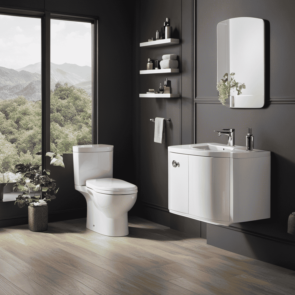 An image showcasing two bathroom setups side by side: one with a traditional toilet and another with a sleek bidet