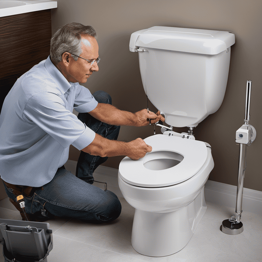 An image showcasing the step-by-step process of installing a water-efficient toilet: a plumber measuring and marking the location, removing the old toilet, attaching the new one, connecting the water supply, and finally, testing its effectiveness with a flushing action