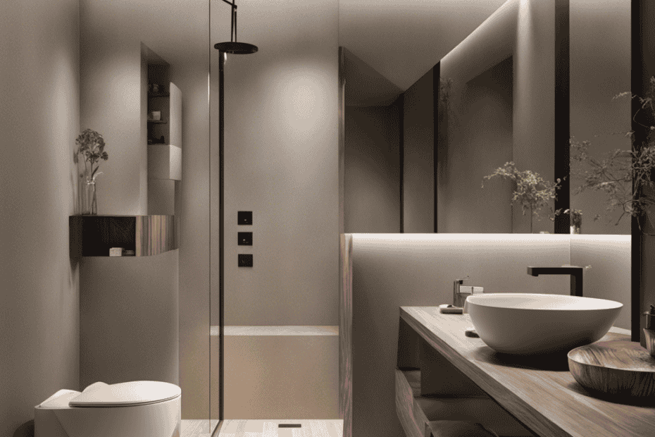 An image showcasing a modern bathroom with a sleek, minimalist design