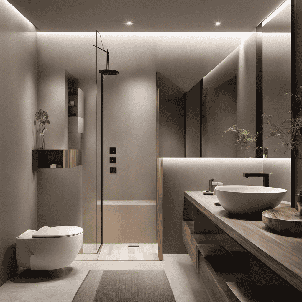 An image showcasing a modern bathroom with a sleek, minimalist design