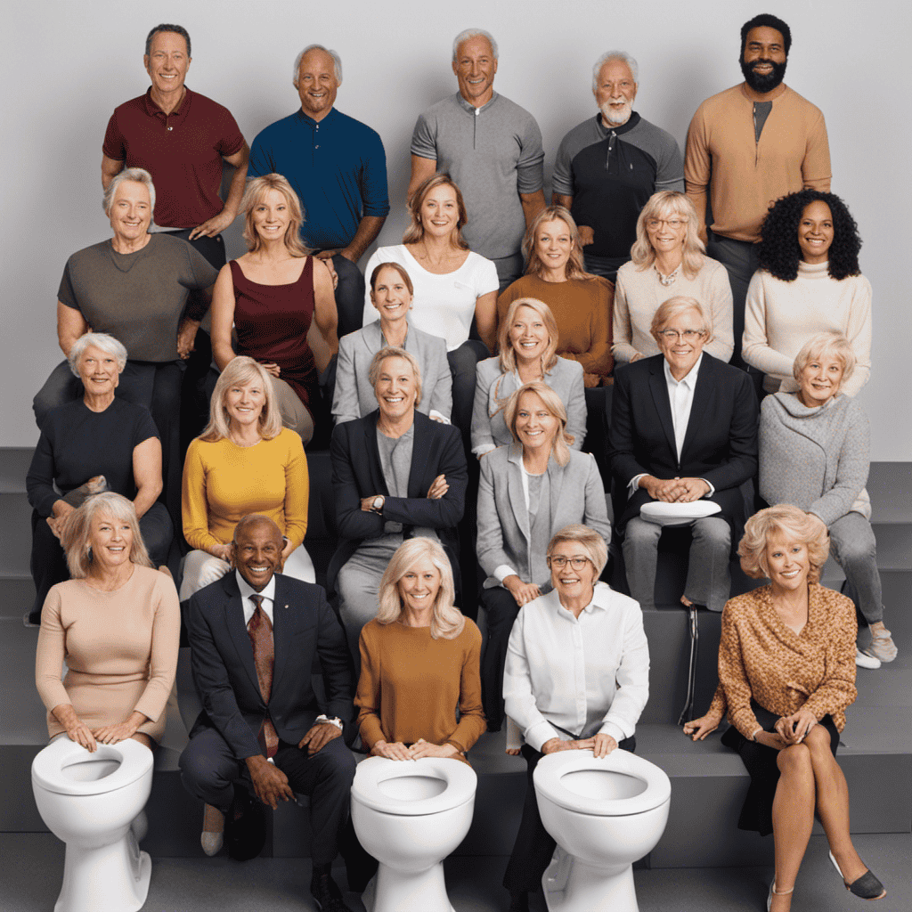 An image showcasing a diverse group of individuals sitting on various toilet seats with different heights