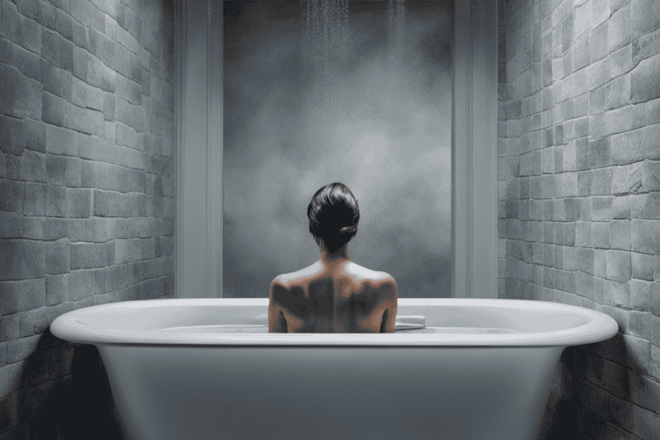 An image that depicts a person submerged in a bathtub filled with lukewarm water, their fingers wrinkled and pale, surrounded by condensation-covered tiles and a foggy bathroom mirror
