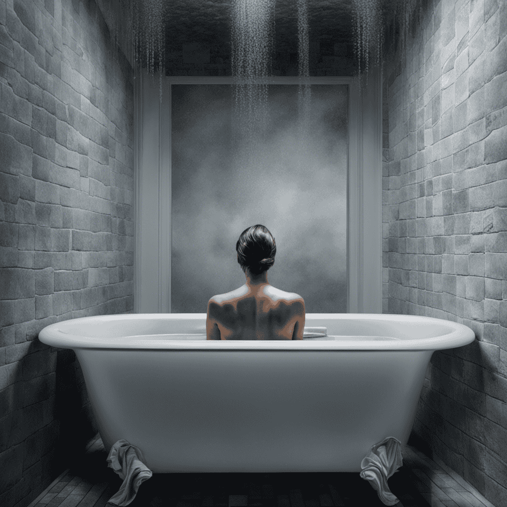 An image that depicts a person submerged in a bathtub filled with lukewarm water, their fingers wrinkled and pale, surrounded by condensation-covered tiles and a foggy bathroom mirror