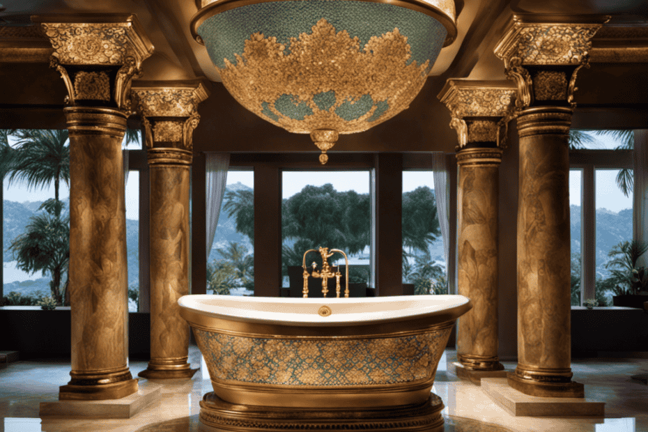 An image showcasing a grand Roman bathtub adorned with intricate mosaic tiles, surrounded by marble columns and statues, exuding opulence and luxury