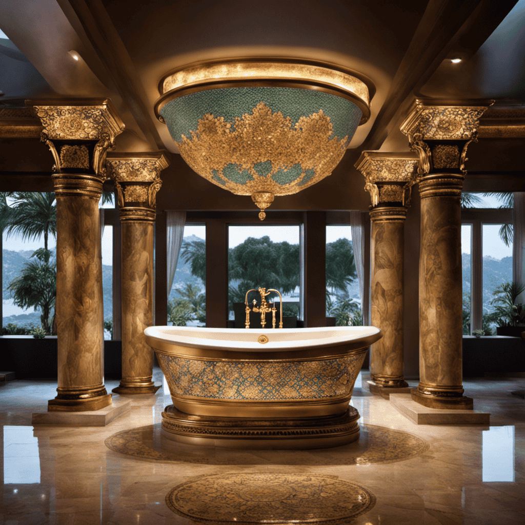 An image showcasing a grand Roman bathtub adorned with intricate mosaic tiles, surrounded by marble columns and statues, exuding opulence and luxury