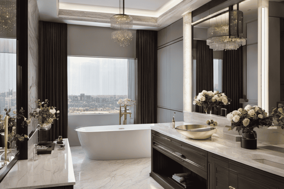 An image showcasing a luxurious, sleek bathroom with an integral apron bathtub as its centerpiece