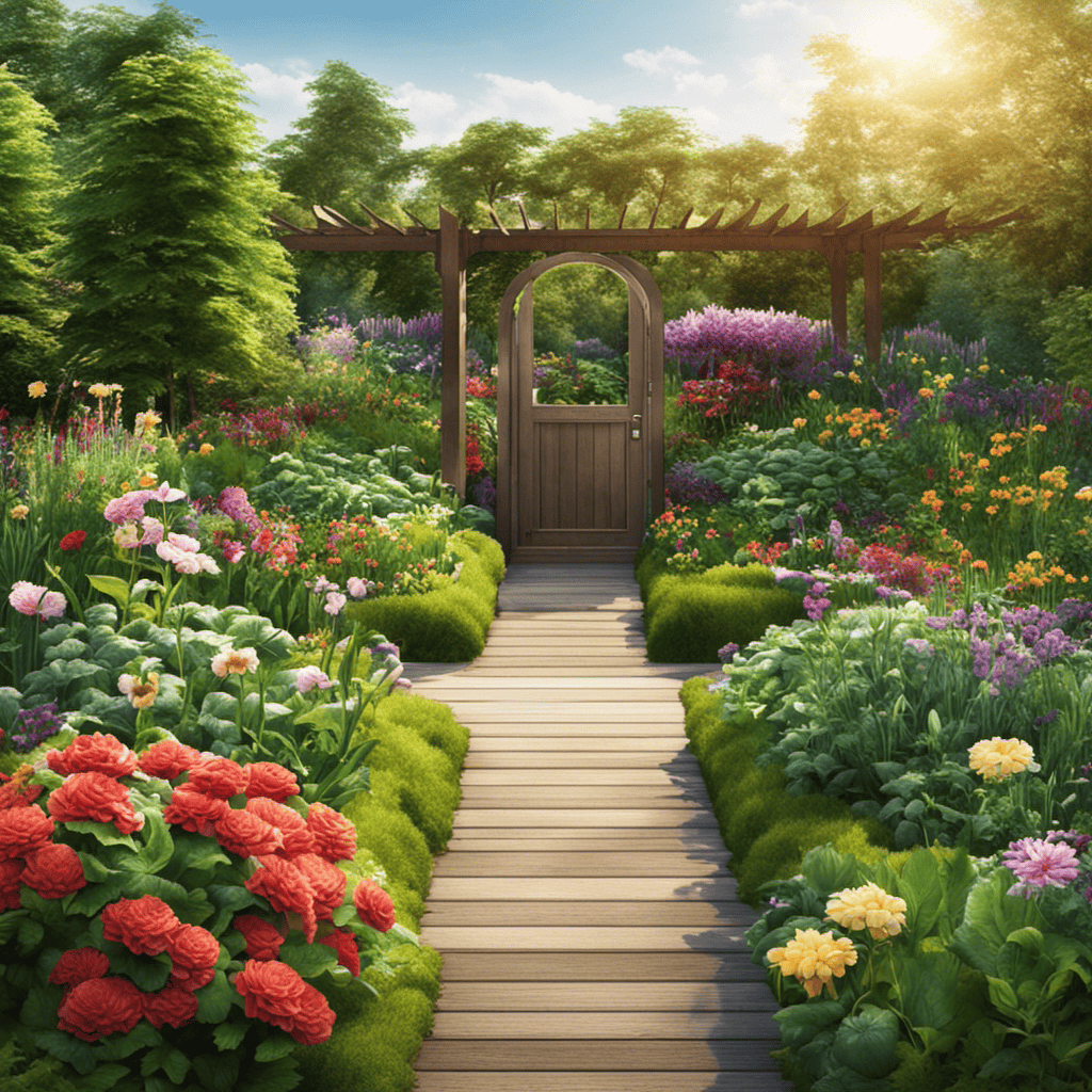 An image featuring a lush, thriving vegetable garden where composting toilets are integrated seamlessly into the landscape