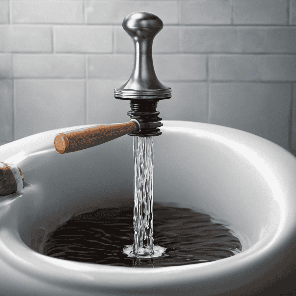 An image depicting a hand holding a plunger, firmly pressing it against a clogged bathtub drain