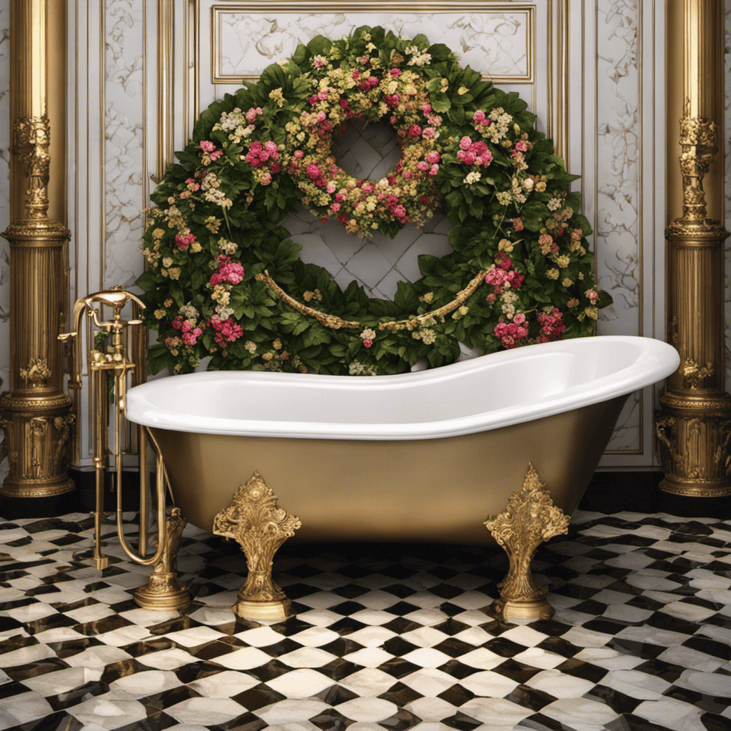 An image depicting a luxurious vintage bathtub, surrounded by opulent tiles and gilded faucets, adorned with a wreath of mourning flowers