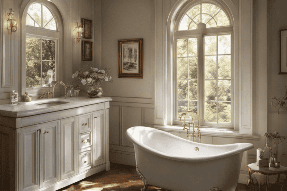 An image capturing the enchanting sight of a cozy bathroom with soft, natural light streaming through a frosted window