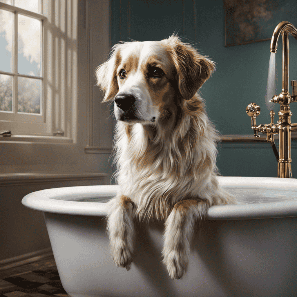 An image capturing a perplexed dog standing beside a sparkling bathtub, her tilted head and quizzical eyes reflecting curiosity