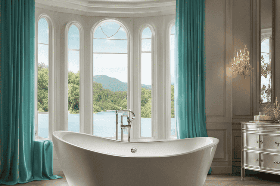An image capturing a serene bathroom scene: a sparkling white bathtub filled with shimmering turquoise water, illuminated by soft natural light streaming through a large window adorned with delicate curtains