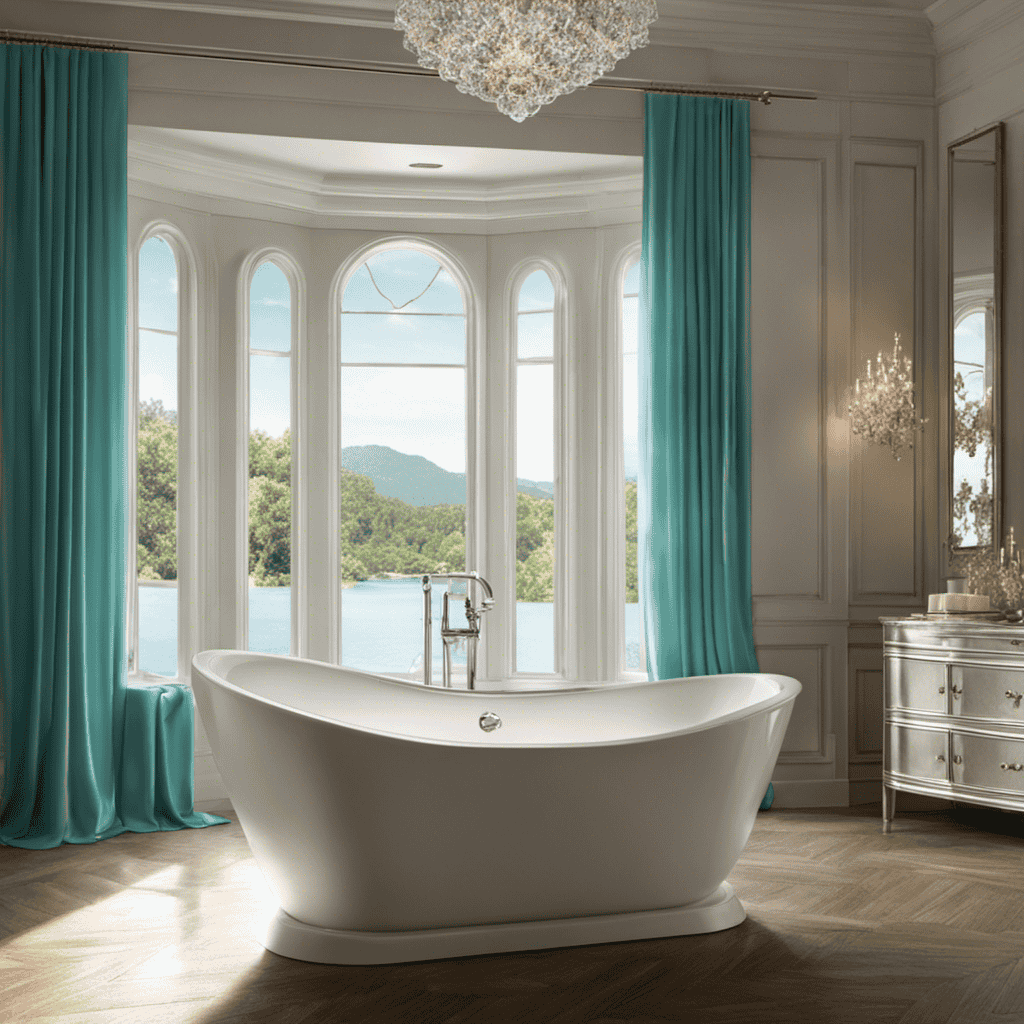An image capturing a serene bathroom scene: a sparkling white bathtub filled with shimmering turquoise water, illuminated by soft natural light streaming through a large window adorned with delicate curtains