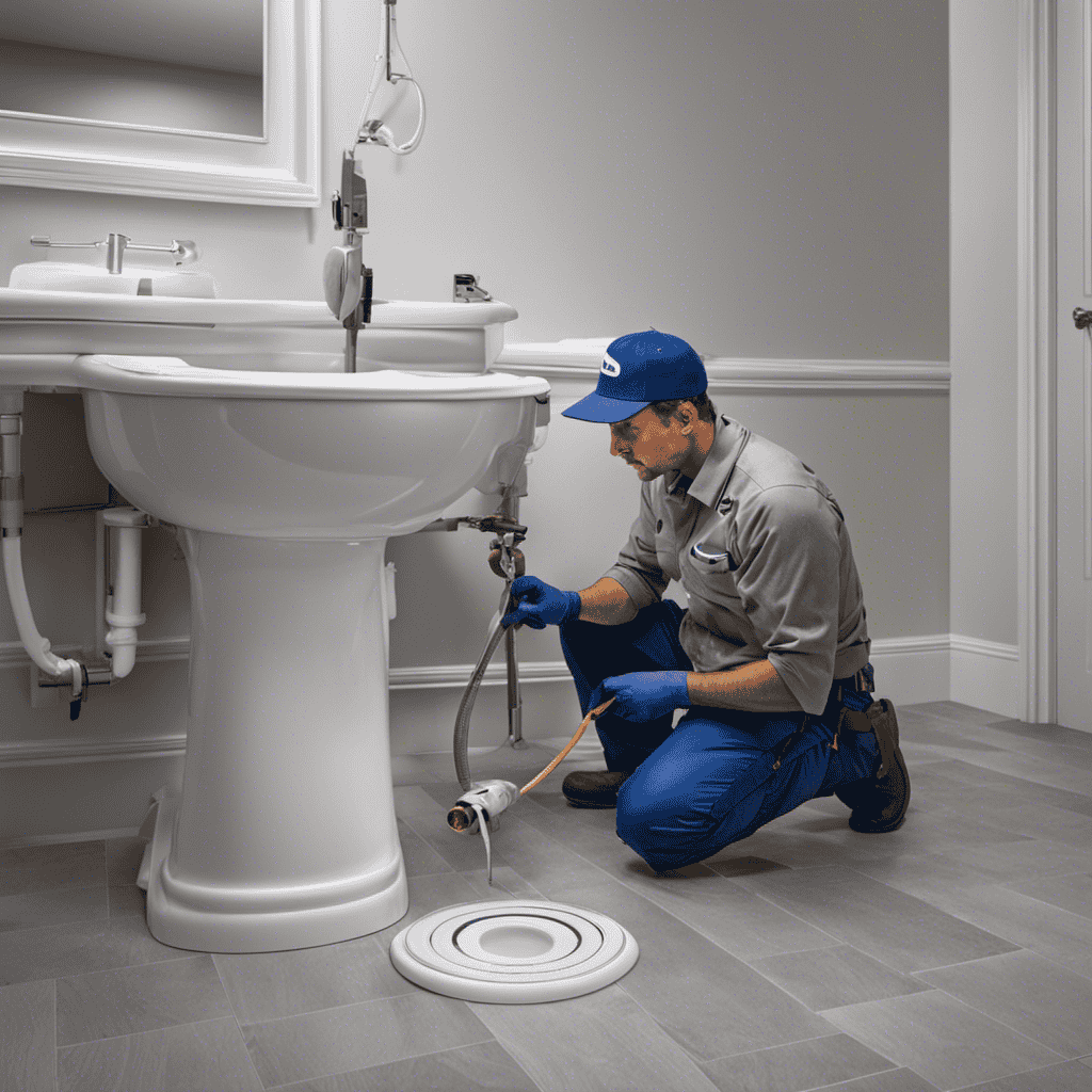 An image showcasing a plumber expertly aligning the wax ring on a clean, level bathroom floor, while carefully attaching a new toilet bowl on top with precision, ensuring a flawless installation for peak performance and efficiency