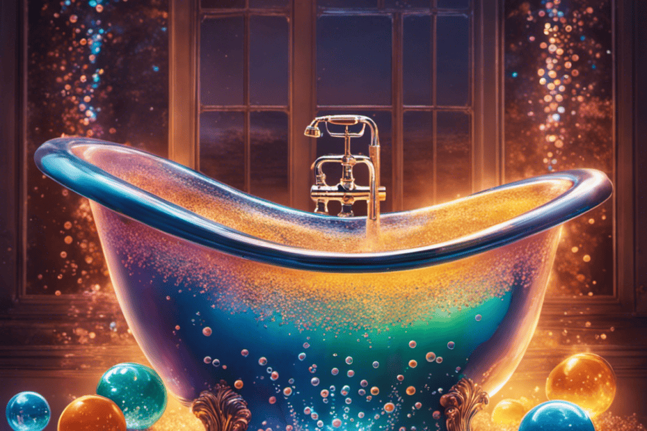 Nt image showcasing a gleaming bathtub filled with warm water, while a hand gently squeezes a bottle of Squirt dish soap, creating mesmerizing swirls of bubbles that dance and shimmer in the light
