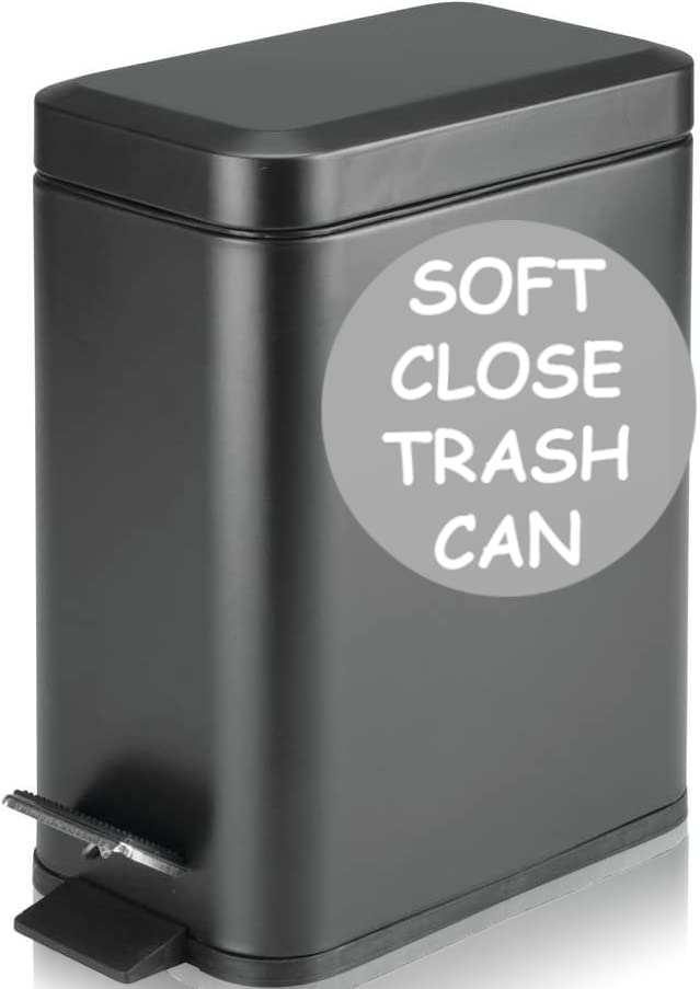 Homie Soft Close, Slim Trash Can 2.6 Gallon with Anti - Bag Slip Liner and Lid, Use as Mini Garbage Basket, Slim Dust Bin, or Decor in Bathroom, Restroom, Kitchen, or Bedroom (Matte Black) 10L / 2.6 Gallon Matte Black