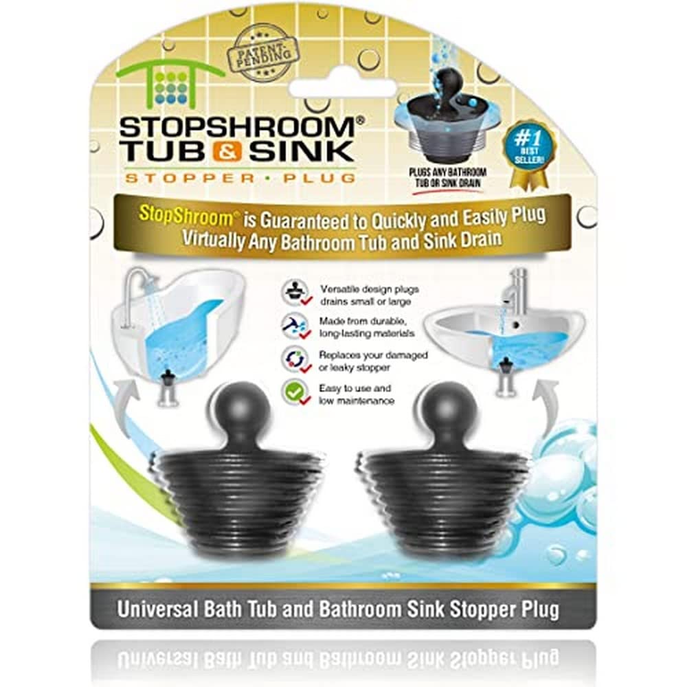 StopShroom Tub 2 Pack Universal Stopper for Bathtub and Bathroom Sink Drains, Black Plug 2pk, 2 Count Black Plug 2pk Stopper