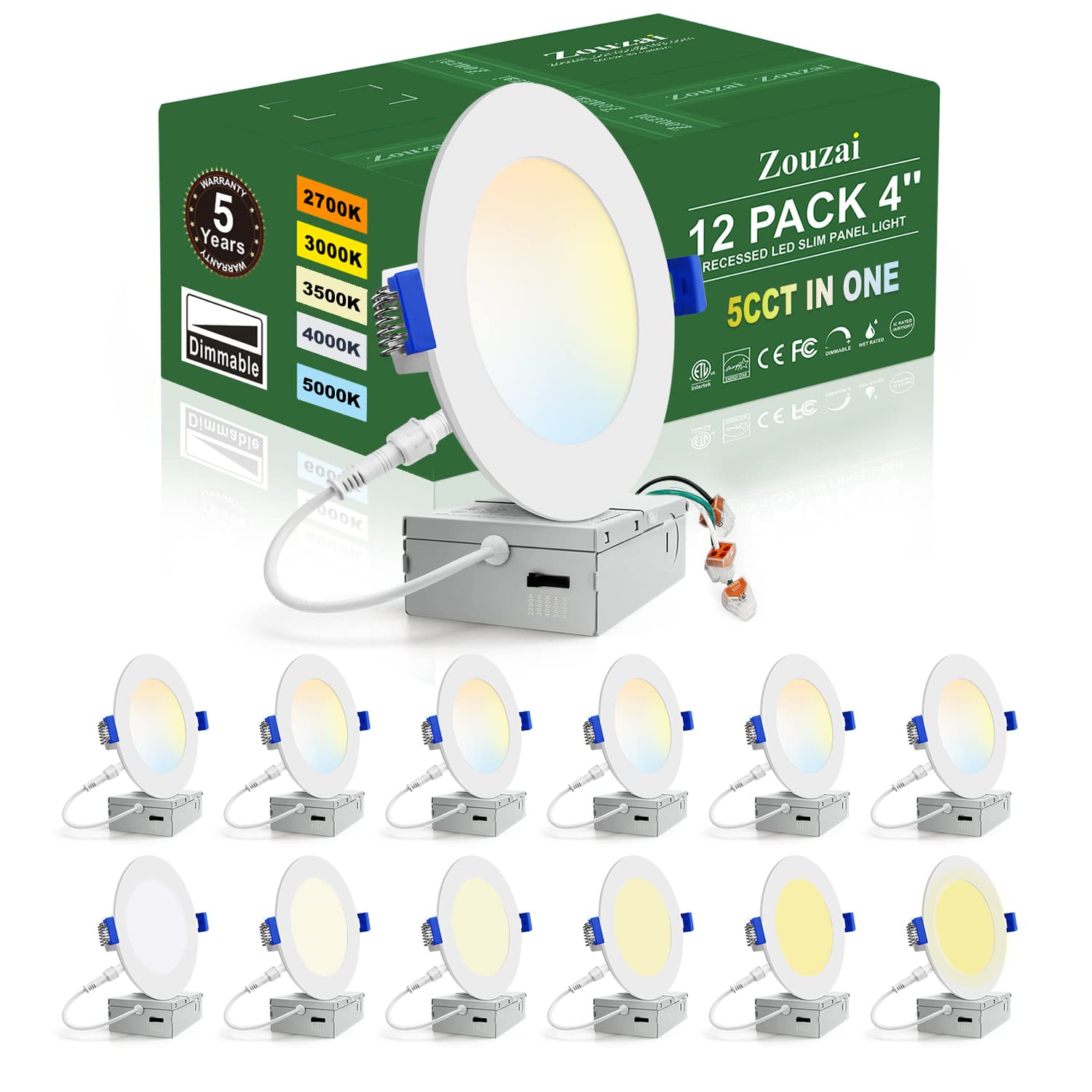 Zouzai 12 Pack 4 Inch 5CCT Ultra-Thin LED Recessed Ceiling Light with Junction Box