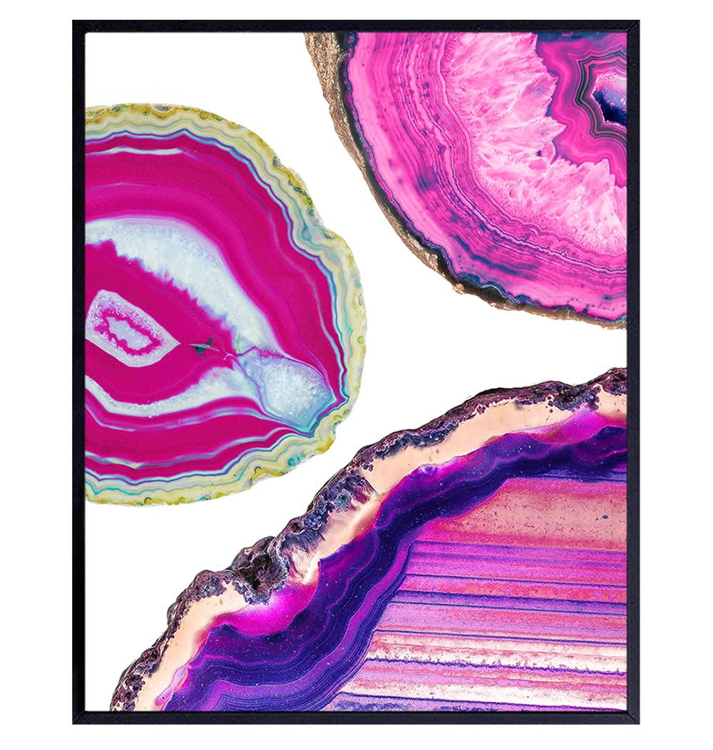 Agate Geode Art Print - Contemporary Wall Art Poster - Modern Chic Home Decor for Bedroom, Living Room, Bathroom, Office, Kitchen, Family and Teens Room - Gift for Women, Gems Lover, 8x10, Pink Purple