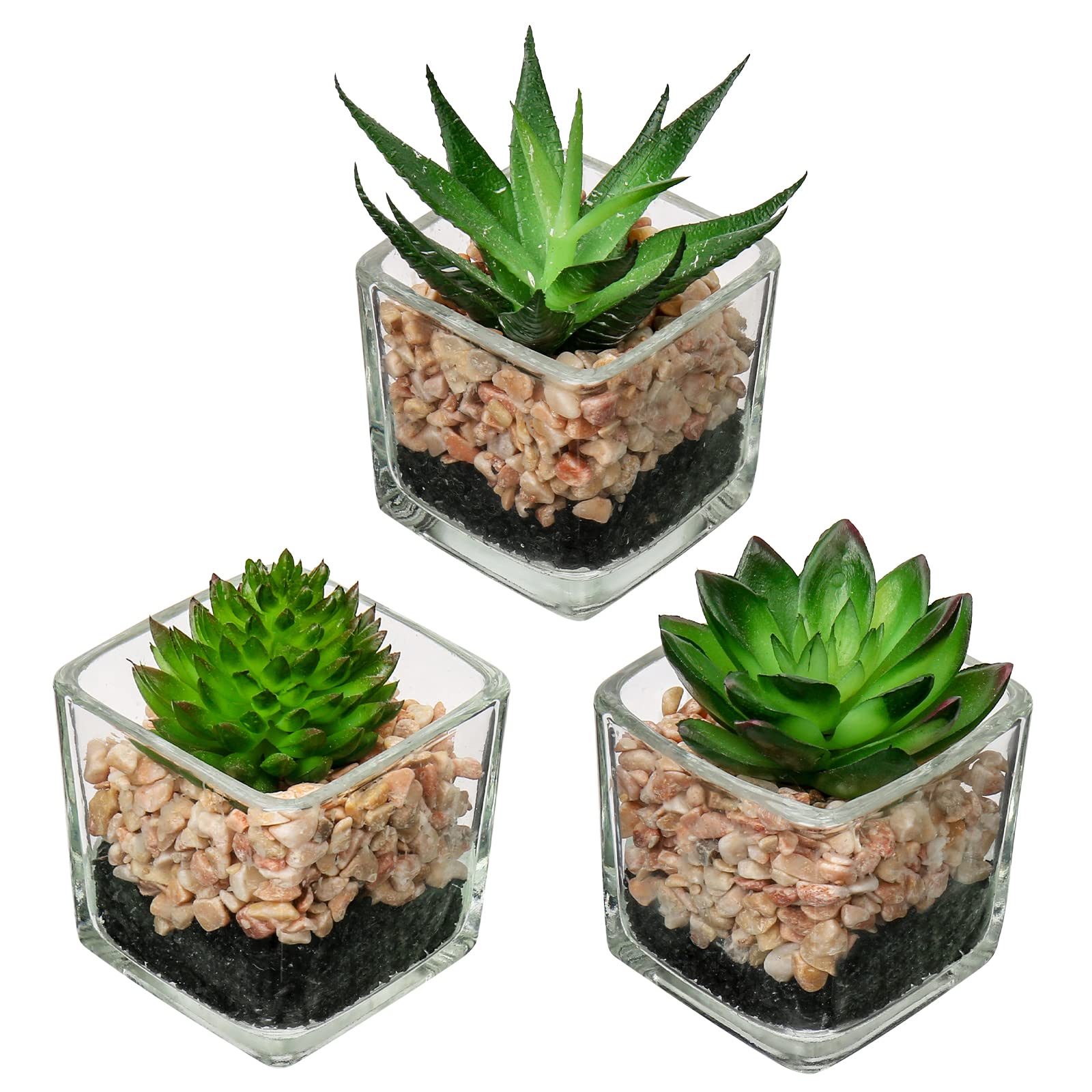 Briful Set of 3 Succulents Plants Artificial in Glass Pots Small Fake Succulents Plants Faux Plants Indoor for Home Office Table Desk Shelf Room Decor Succulents #01
