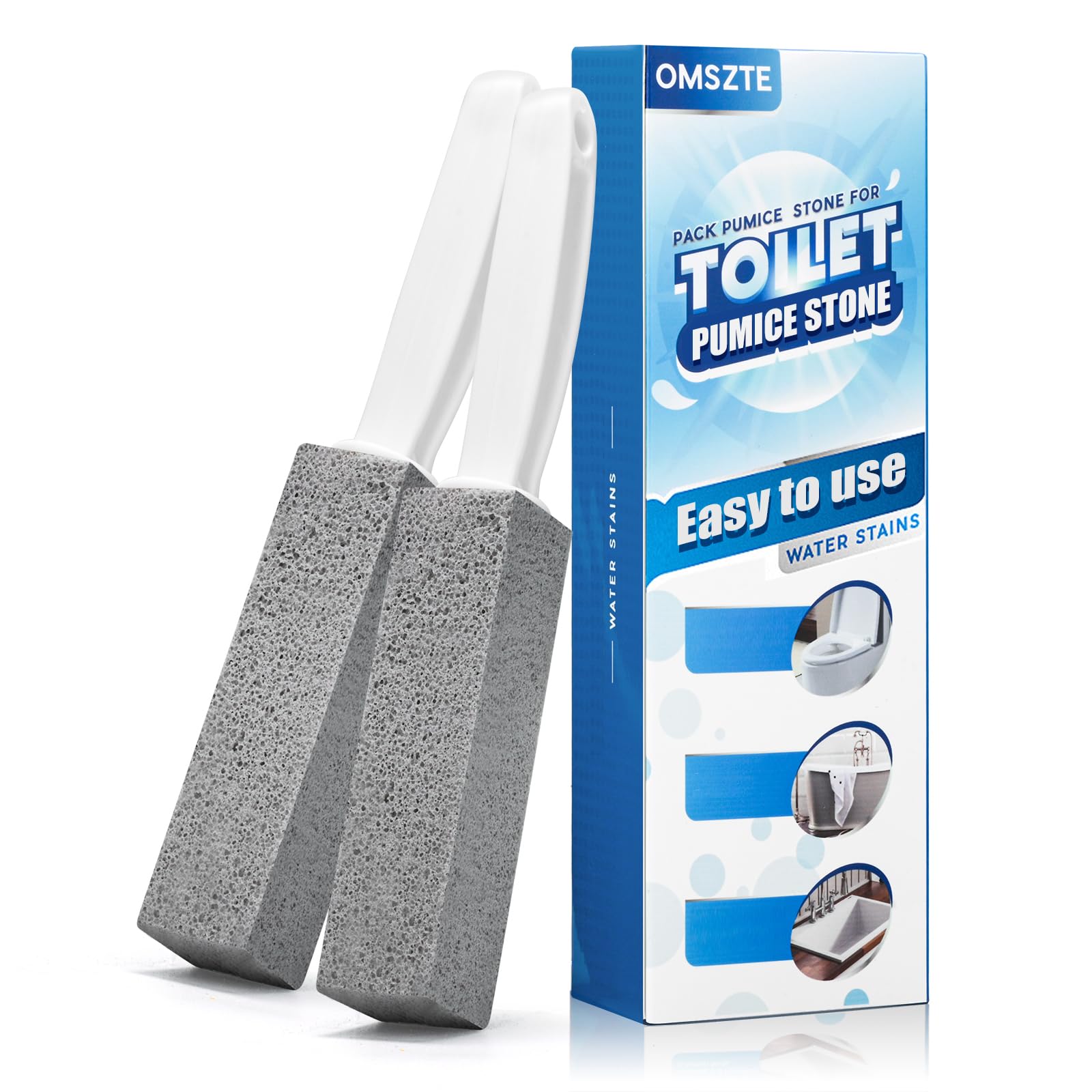 2Pack Pumice Stone Toilet Bowl Cleaning with Handle, Scouring Stick Powerfully Cleans Away Limescale Stain, Hard Water Rings, Calcium Buildup, Suitable for Tiles, BBQ Grill, Pools, Bath tubs