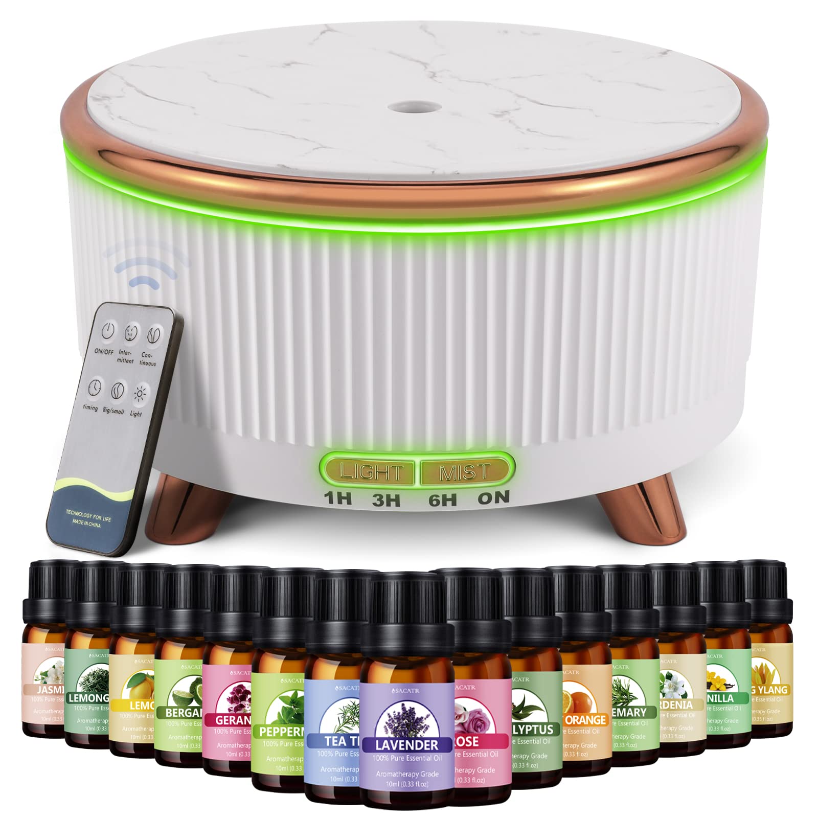 SACATR Essential Oil Diffusers，500ml Oil Diffuser with 15x10mL Essential Oils，Aromatherapy Diffuser with Ultrasonic Technology, Diffusers for Essential Oils Large Room, Home Office Bright Moon White-15