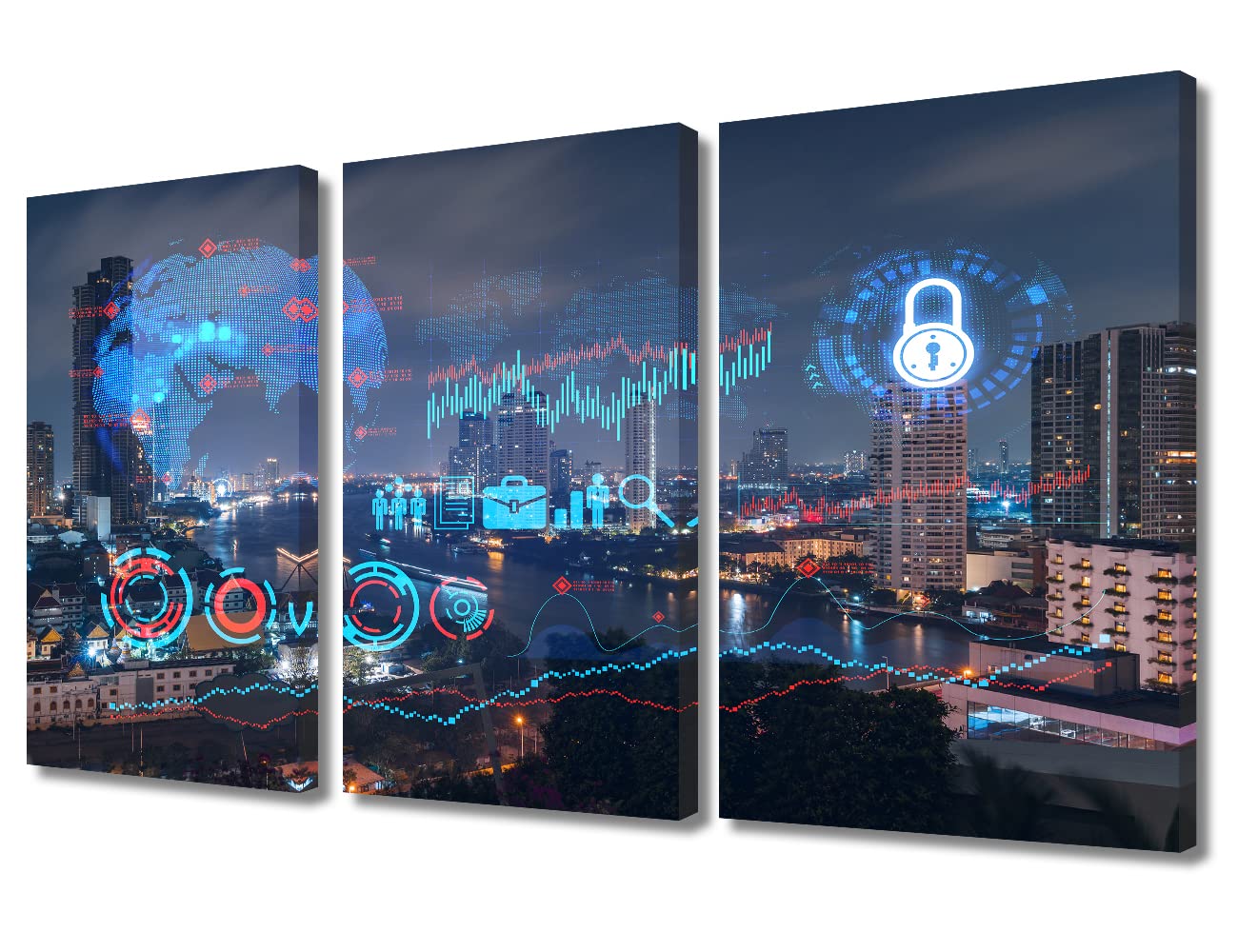 3 Panels City Night Scene as Background Hologram Paintings Modern Home Decor Smart City and Information Technology Abstract Canvas Paintings for Bedroom, Living Room Office Ready to Hang (36"Wx24"H) 36"Wx24"H Artwork-17