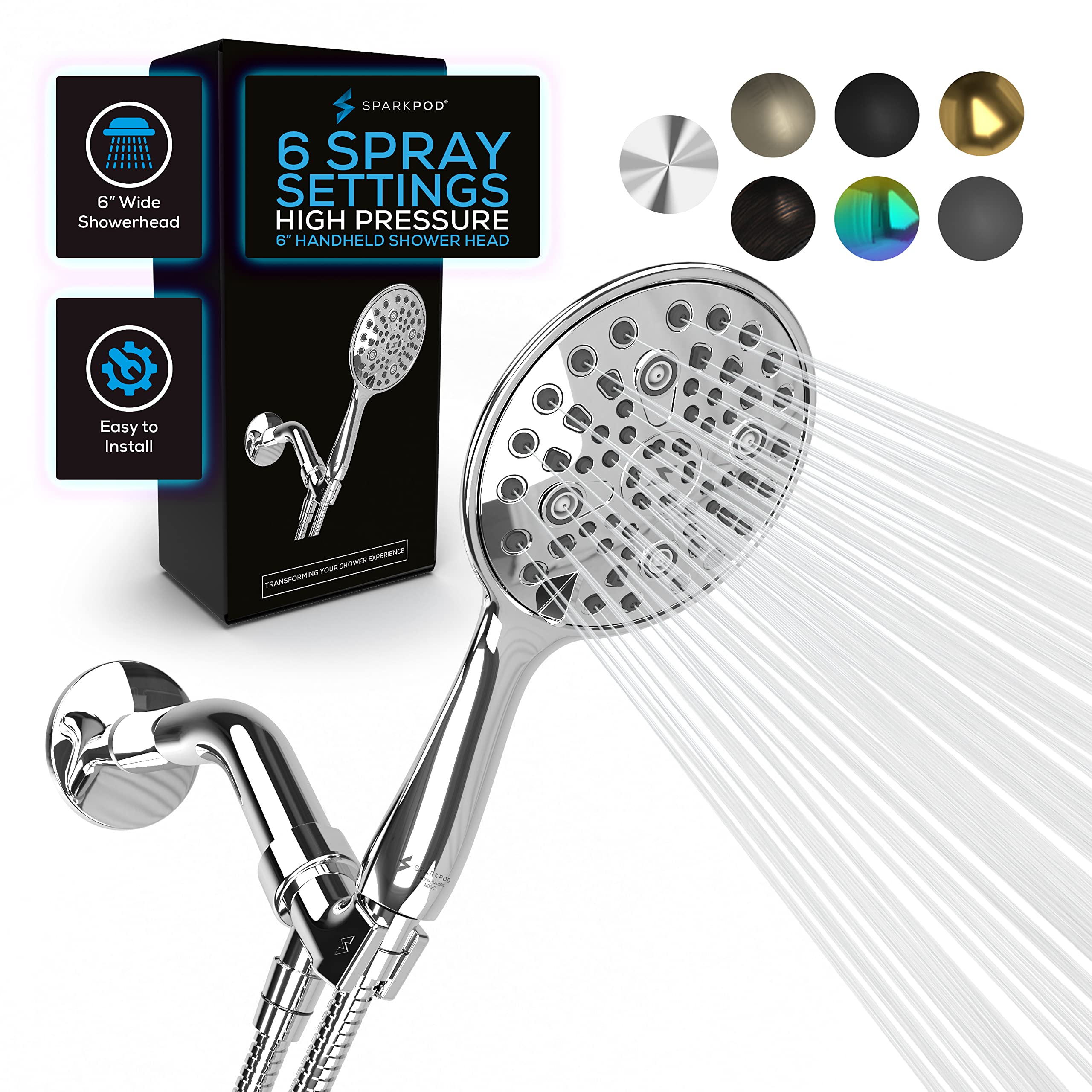 SparkPod 6 Spray Setting High Pressure Hand Held Shower Head