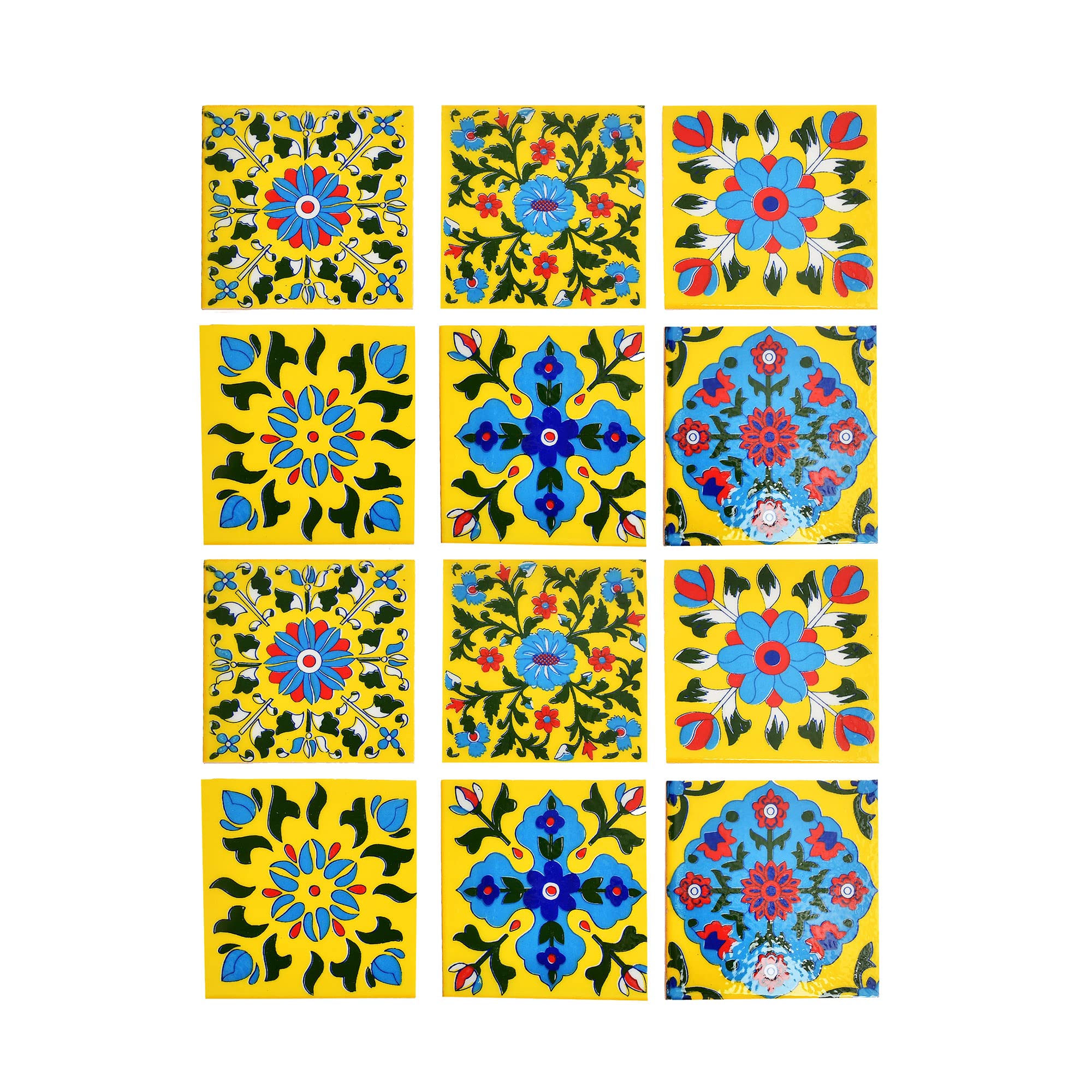 Artook Decor Wall Blue Tiles Multicolor Flower Design Ceramic Tiles Mural Panel Kitchen Washroom Mosaic Tile (Yellow, 4x4-inches Set of 12) 4x4-inches Set of 12 Yellow